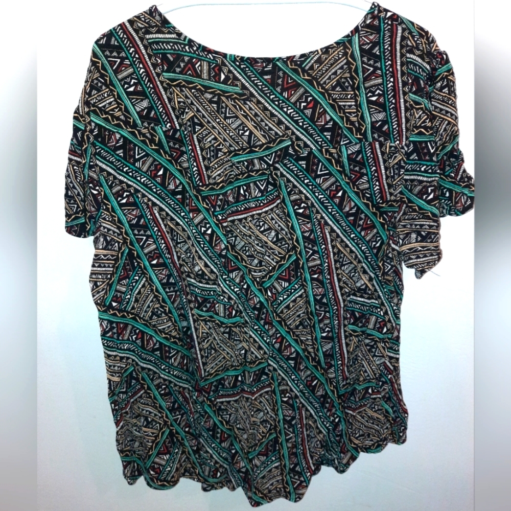 CATO Bohoblack, turquoise, rust & white abstract short sleeve size 3x blouse EUC - Picture 5 of 8